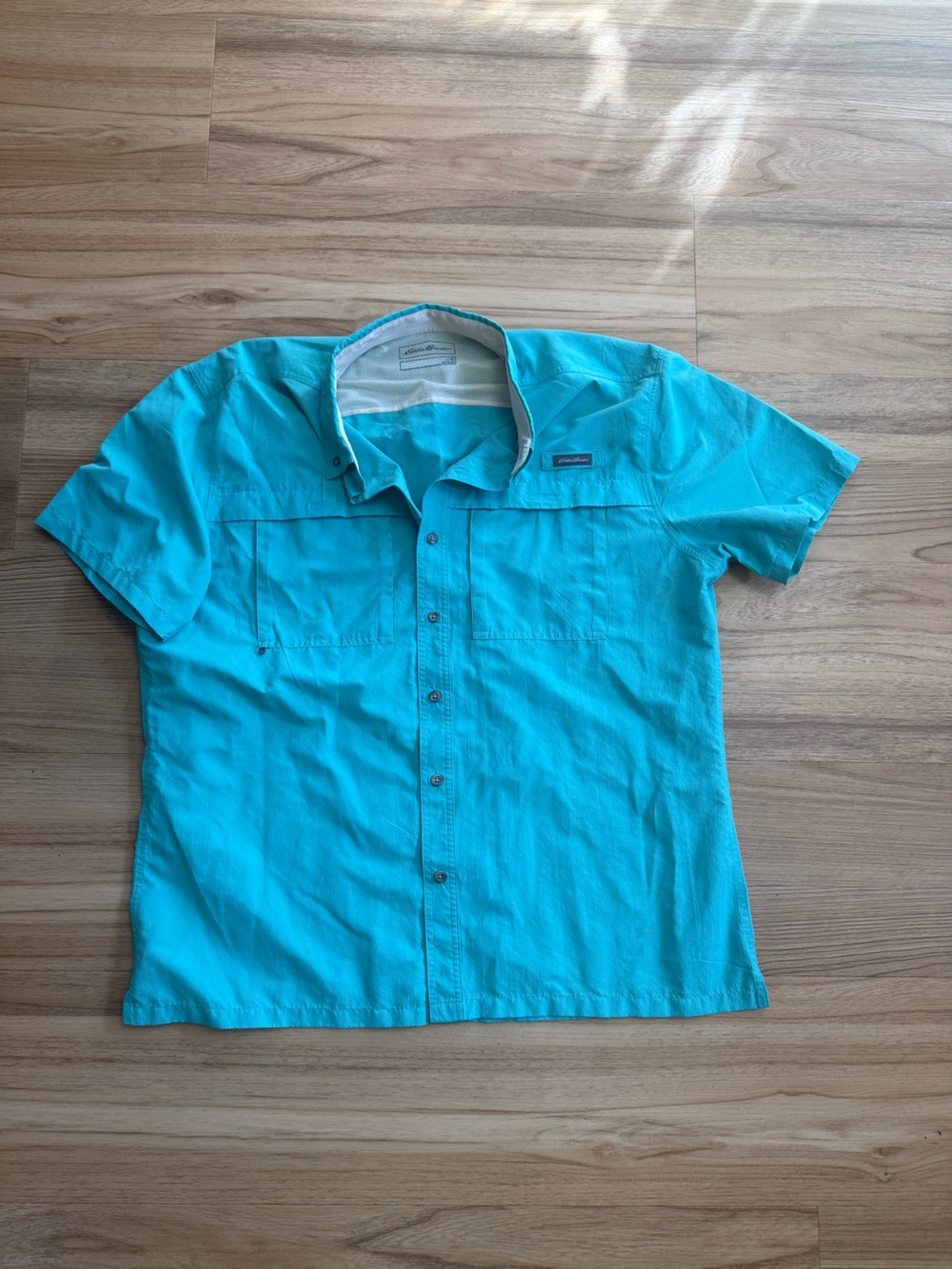 Eddie Bauer Short Sleeve Fishing Shirt Mens XL Teal Green Ripstop Hiking